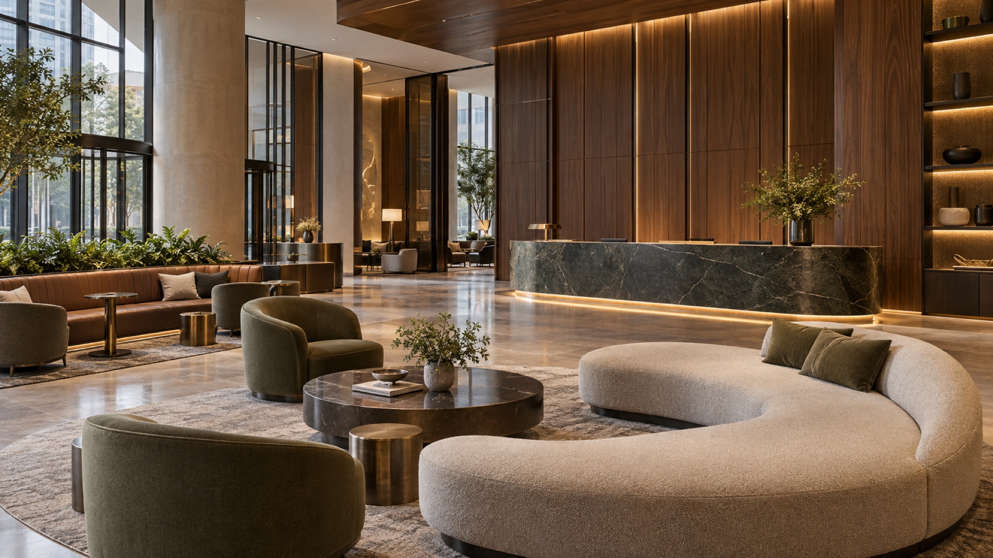 Capability concept showing a luxury hotel lobby with custom seating, reception desk and wood wall systems