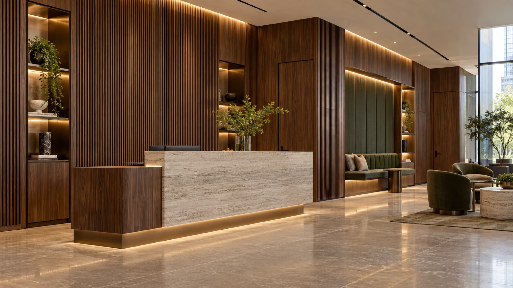 Capability concept showing architectural walnut wall systems, reception desk, display niches and built-in seating