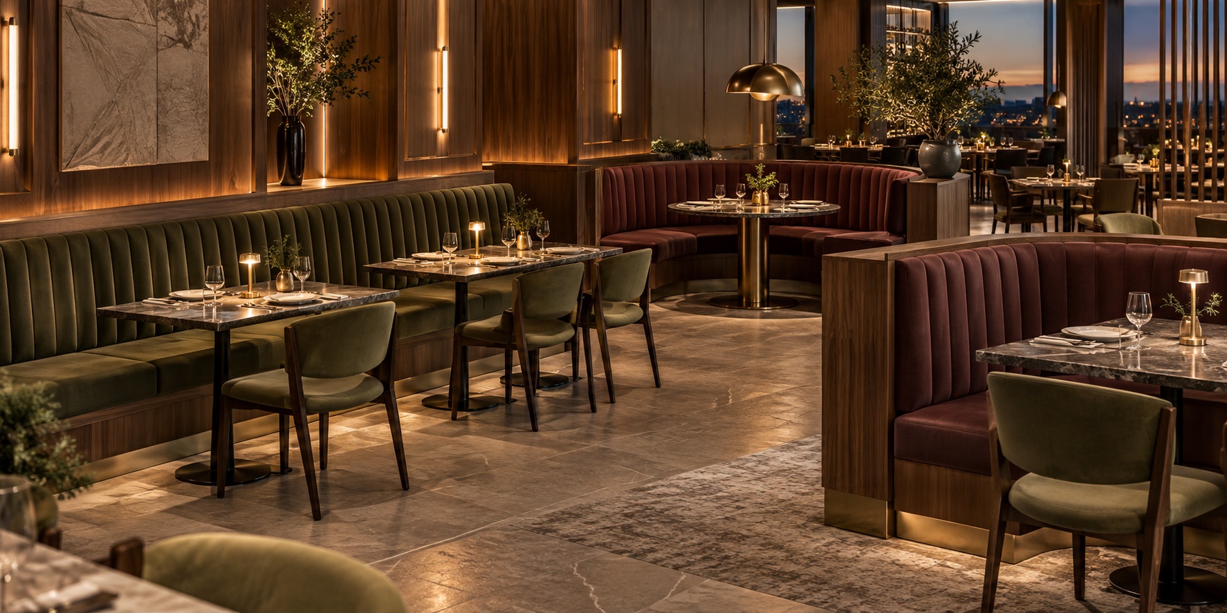 Capability concept showing long wall banquettes, curved corner booths and high-back restaurant seating