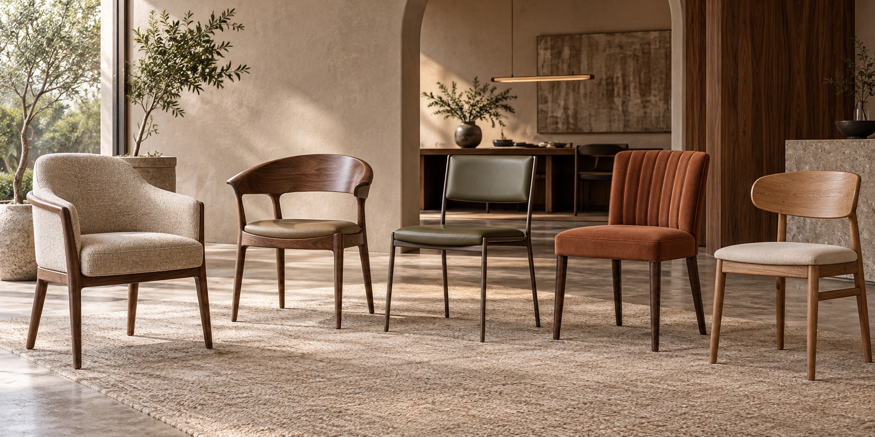 Capability concept showing five custom commercial chair models in coordinated upholstery and wood finishes