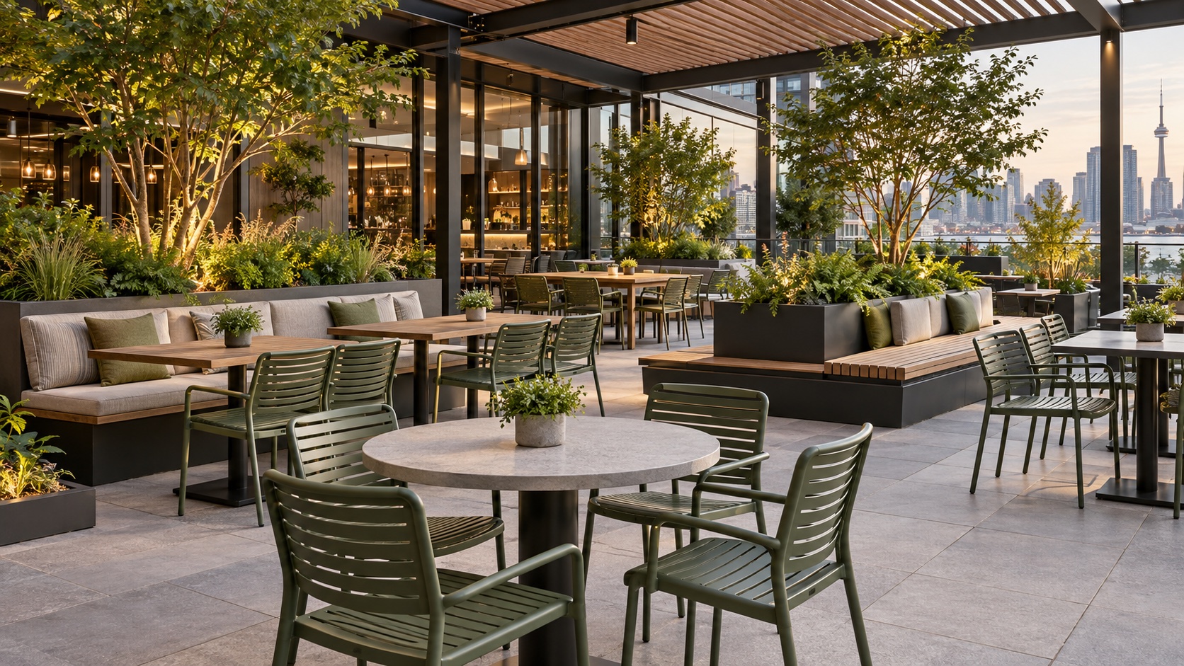 Capability concept showing premium commercial outdoor chairs, tables, benches and integrated planters on a Canadian terrace